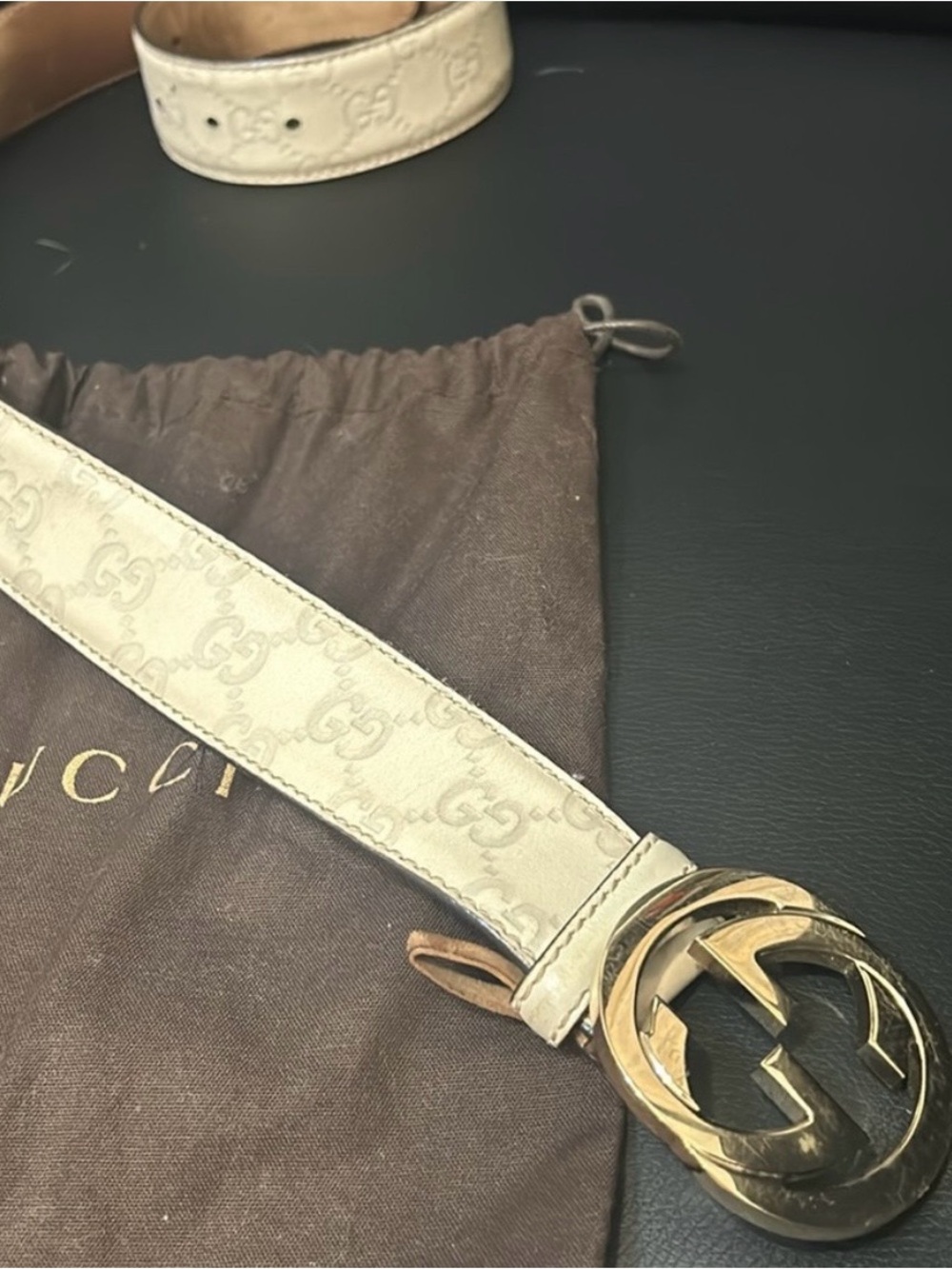 Authentic Gucci Cream GG Monogram Leather Belt with Gold Double G Buckle